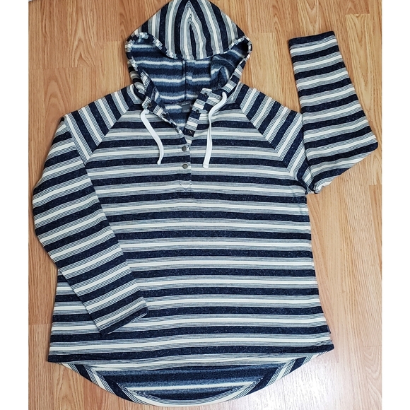 Eddie Bauer Tops - Eddie Bauer fleece striped half buttons pullover hooded sweater navy ivory 2Xl